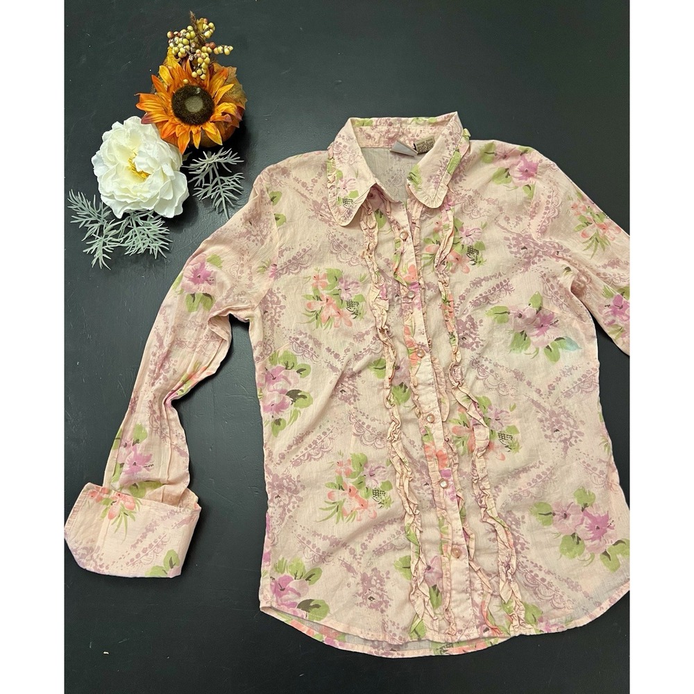 Daytrip Y2K Pink Floral Ruffle Button-Up Long Sleeve Blouse Sz L Girly Cottage
